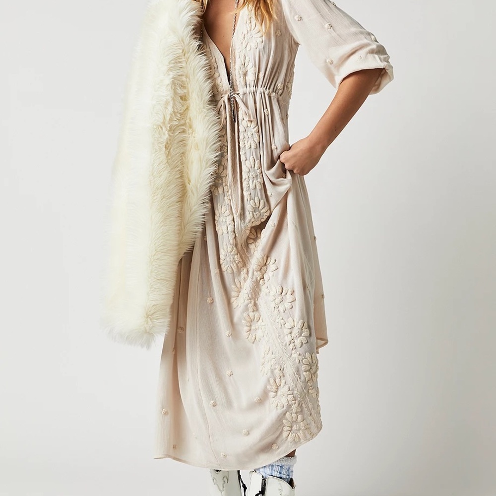 Embroidered Cream Midi Dress